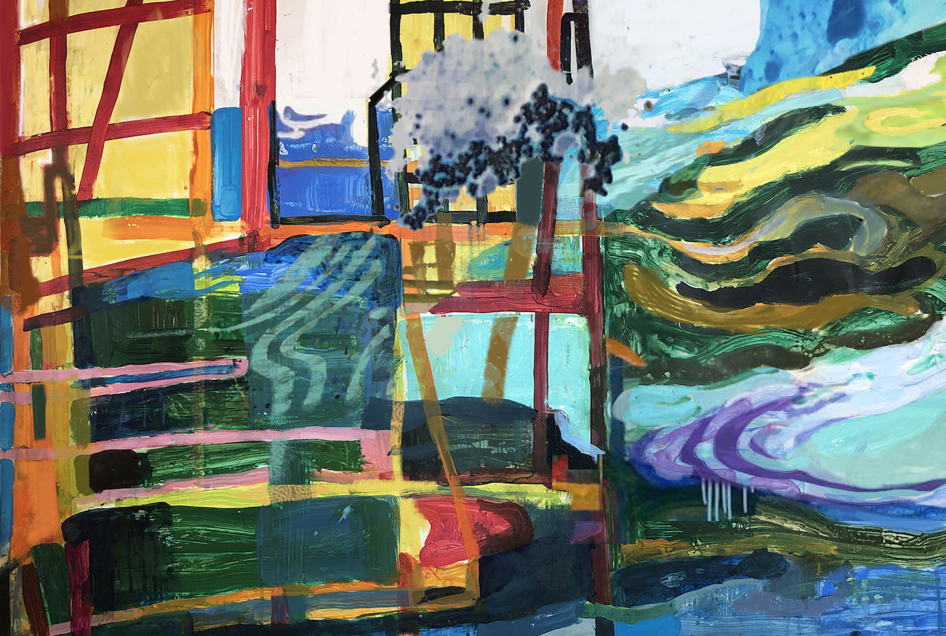 A painting of a chair and some trees