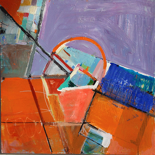 A painting of an orange and blue abstract