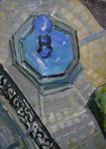 A painting of a blue vase on the ground