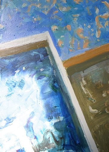 A painting of a room with blue walls and a floor.