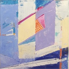 A painting of a purple and yellow abstract