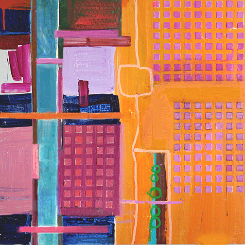 A painting of a building with many squares and lines.