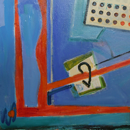 A painting of a blue wall with red lines and a white object.