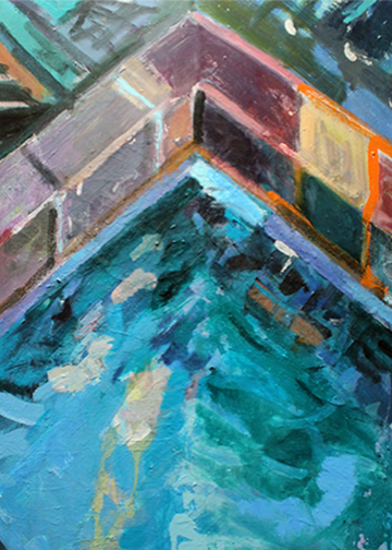 A painting of an indoor pool with blue water.