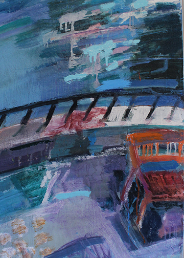 A painting of a bridge with red and blue colors