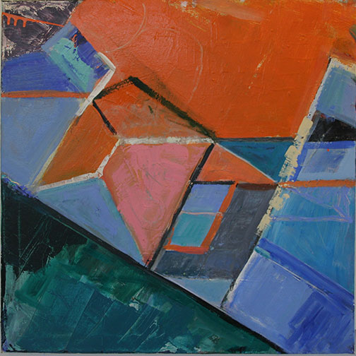 A painting of an abstract geometric design in blue, orange and pink.