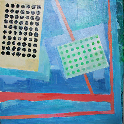 A painting of two dots and some squares