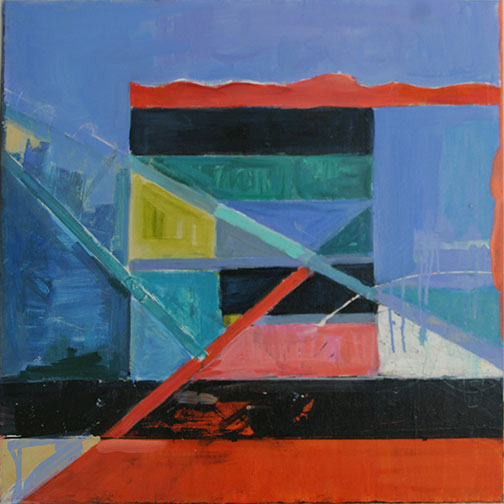A painting of a blue and red abstract scene