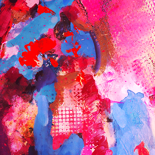 A painting of pink and blue colors with red accents.