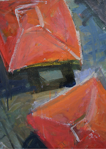 A painting of two red umbrellas on the ground