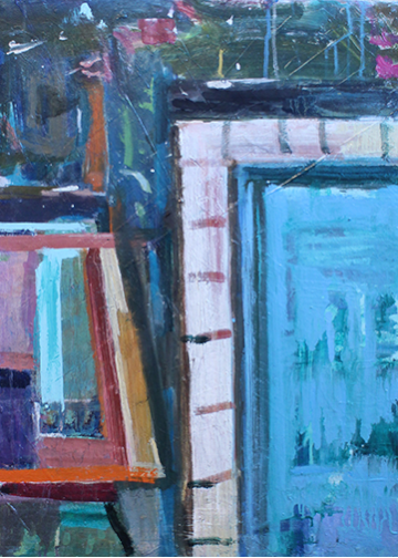 A painting of a room with blue walls and a door.
