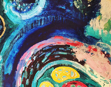A close up of the painting 's colors and shapes.