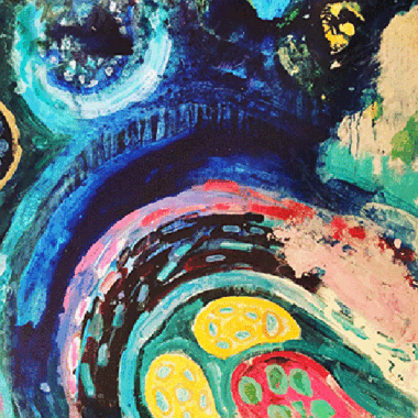 A close up of the painting 's colors and shapes.