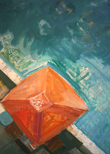 A painting of an orange umbrella and water