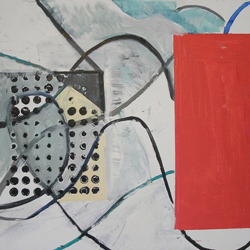 A painting of a red piece of paper and some wires