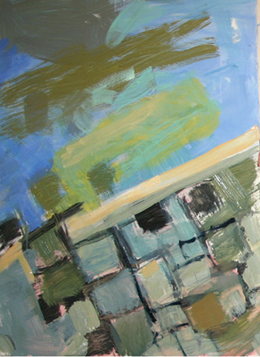 A painting of green and blue colors with yellow