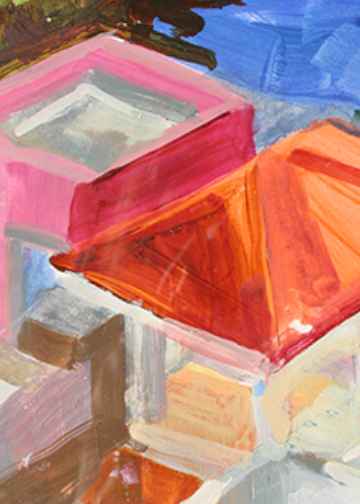 A painting of an orange and pink roof