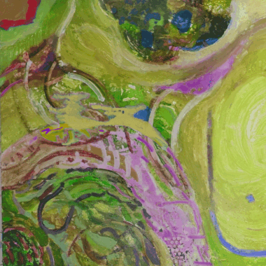 A painting of green and purple colors with swirls.