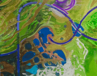 A painting of green and blue colors with purple accents.