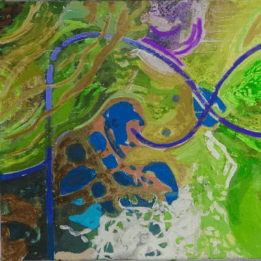 A painting of green and blue colors with purple accents.