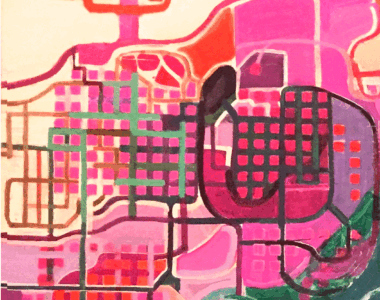 A painting of a city with pink and green colors.