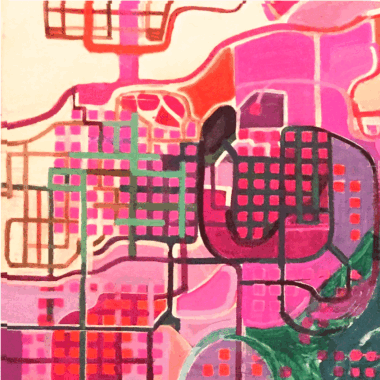 A painting of a city with pink and green colors.