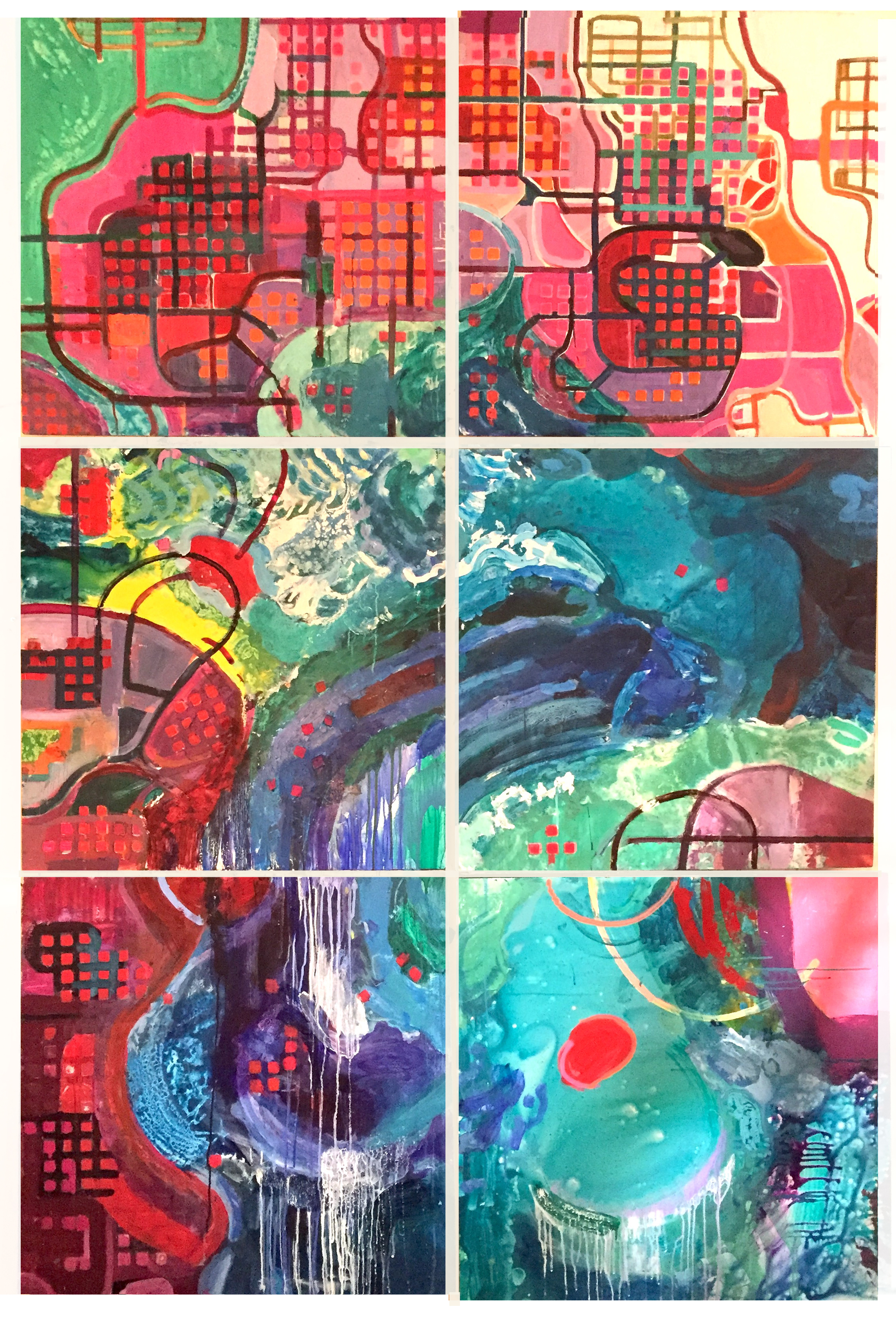 A series of paintings with different colors and shapes.