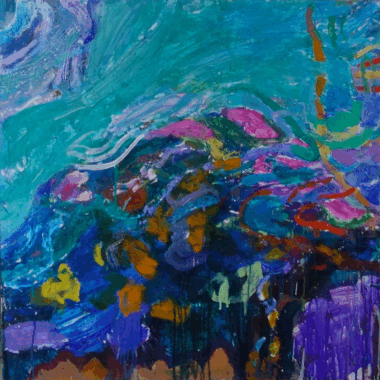 A painting of a blue and purple abstract scene.