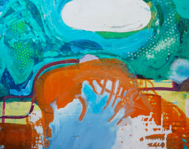 A painting of an orange and blue abstract scene.