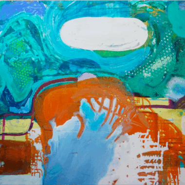 A painting of an orange and blue abstract scene.