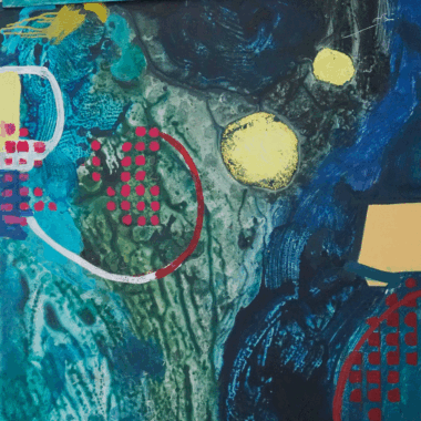 A painting of a blue and green abstract scene.