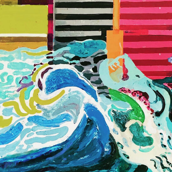 A painting of waves and stripes in the background.