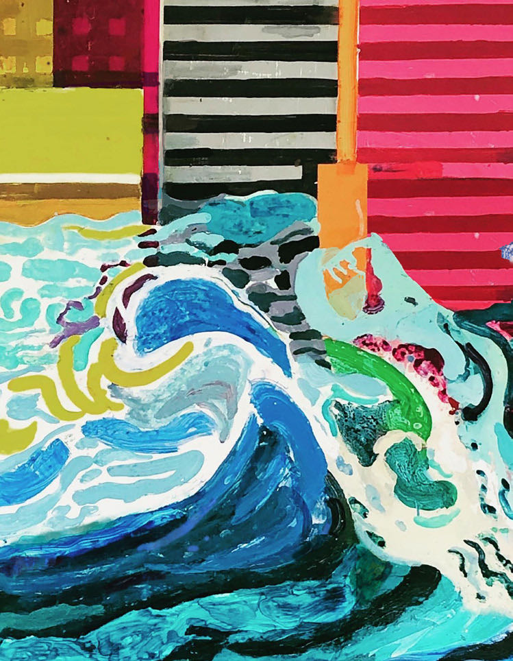 A painting of waves and stripes in the background.