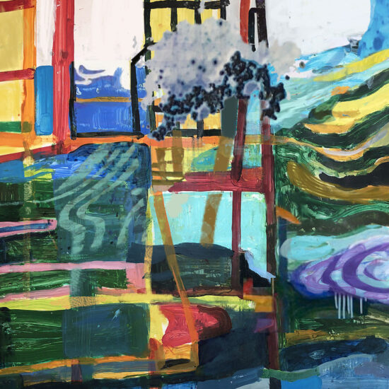 A painting of a chair and some trees