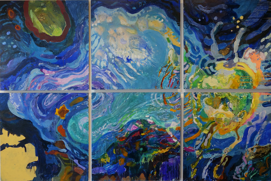 multi panel painting of ocean